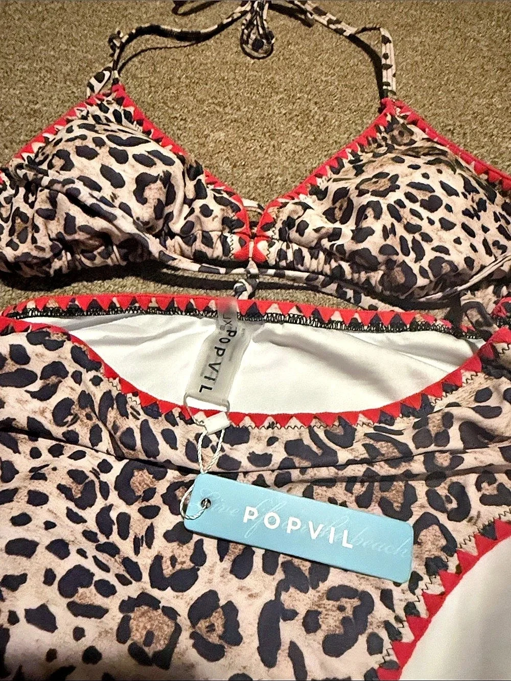 Popvil Leopard Contrast Shell Stitch Bikini Set NWT